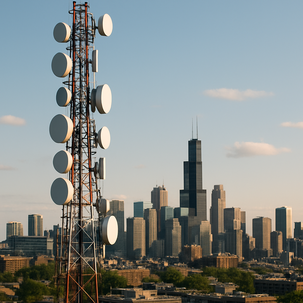 telecommunications tower and city skyline