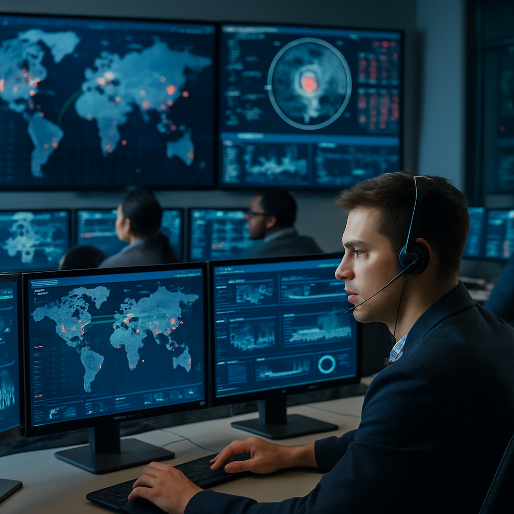 cybersecurity operations center with multiple screens