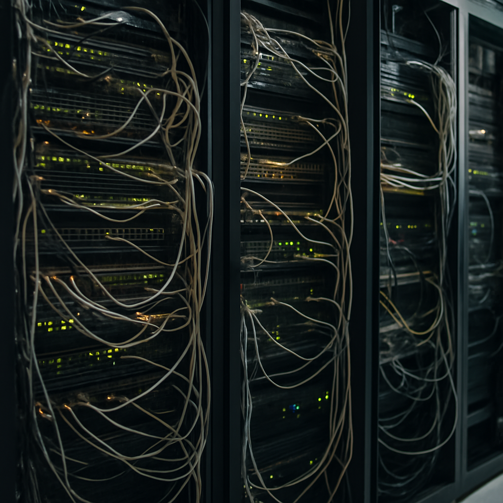 server room with blinking lights and cables