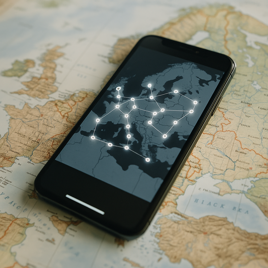 mobile phone with European map and connection symbols