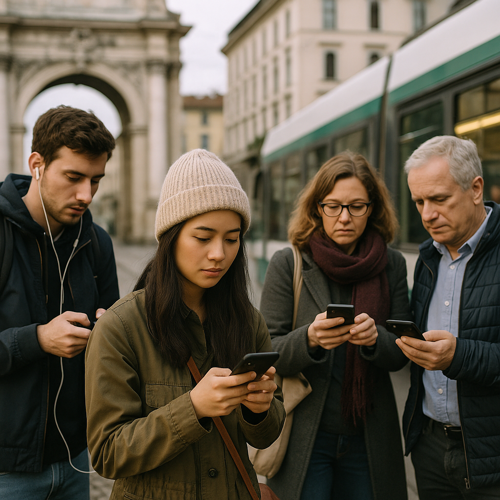 people using smartphones while traveling in Europe