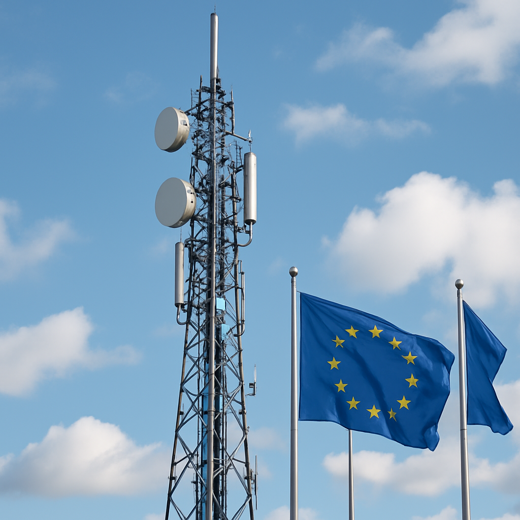 telecommunications tower with European Union flags