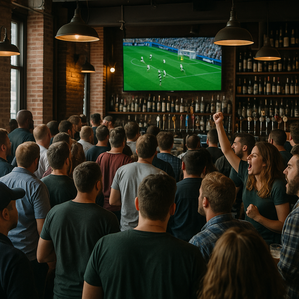 crowded sports bar with people watching football match on TV
