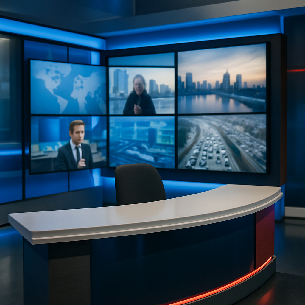 television news studio with multiple screens