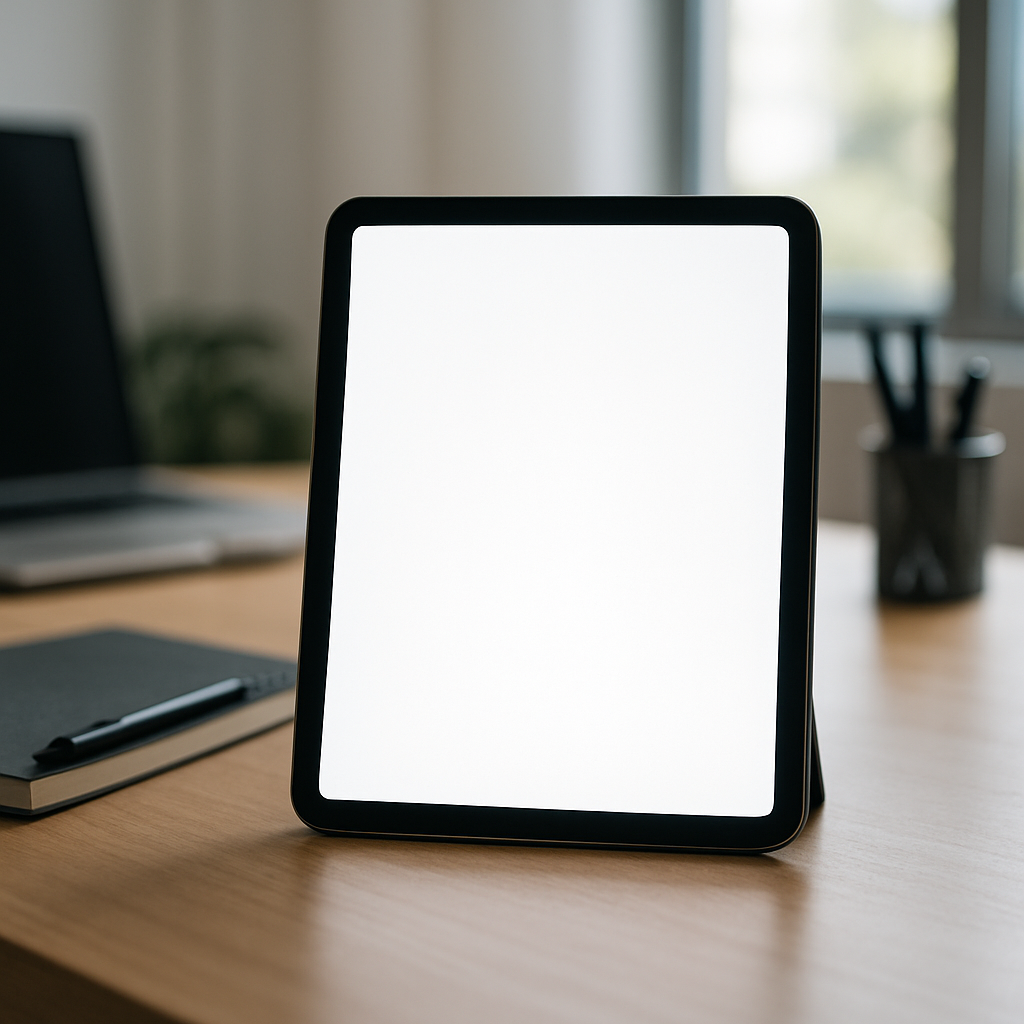 tablet computer on desk with bright display